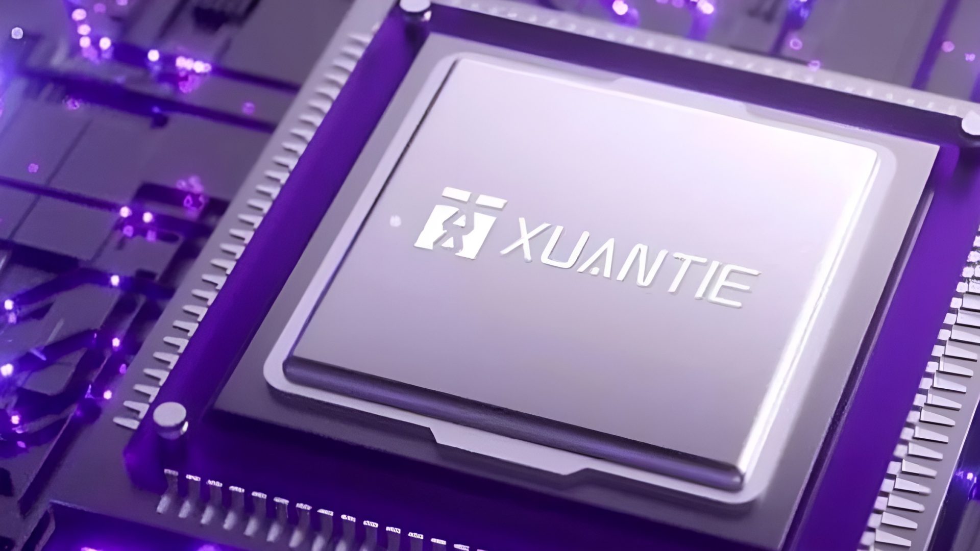 A close-up of a XuanTie chip on a purple-lit circuit board.