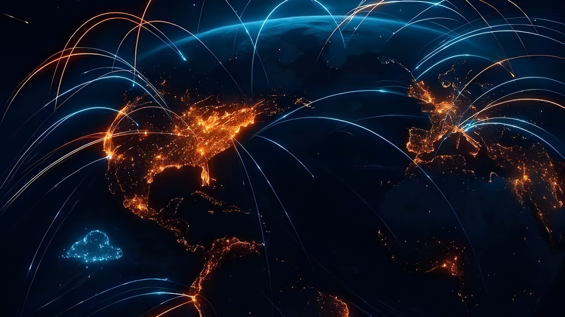 A digital illustration of the Earth viewed from space shows glowing city lights across North America and Europe with bright data lines connecting continents, symbolizing global internet connectivity.