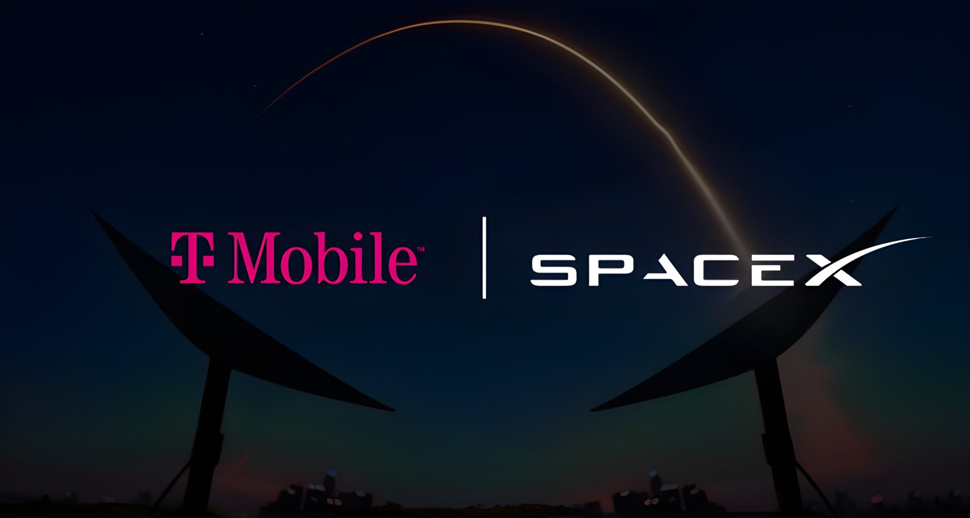 Logos of T-Mobile and SpaceX with a rocket launch arc and satellite dishes silhouetted against a dusk sky.