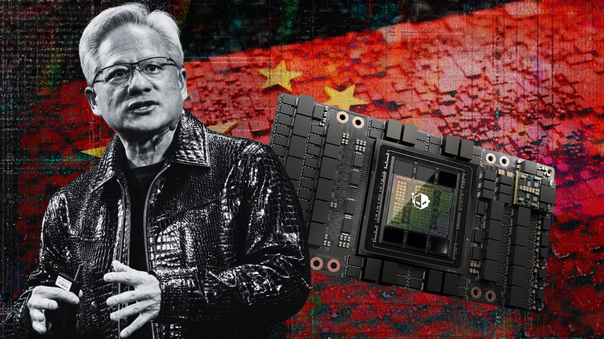 A person in a textured jacket stands with a computer chip featuring a visible logo, set against a background resembling the Chinese flag.