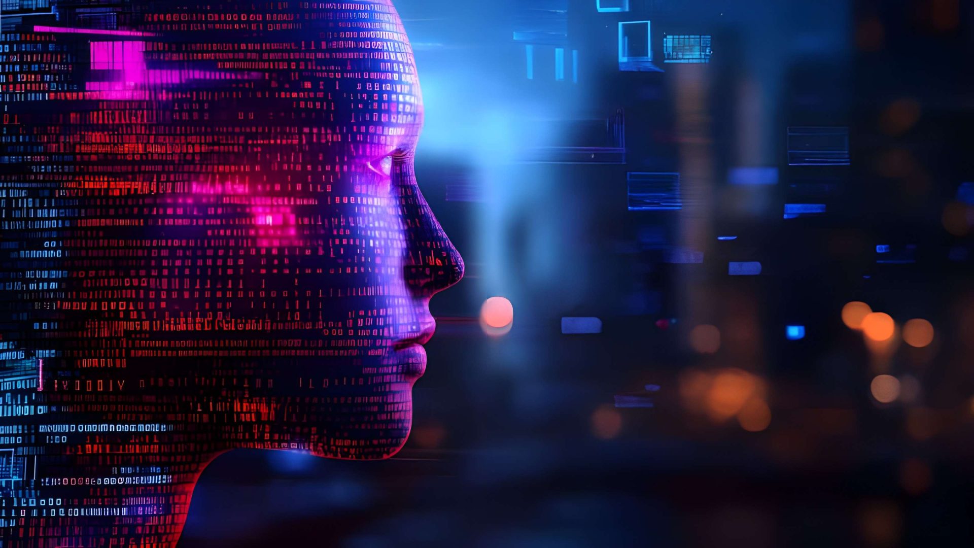 A digital rendering of a human profile overlaid with binary code, symbolizing artificial intelligence or digital technology.