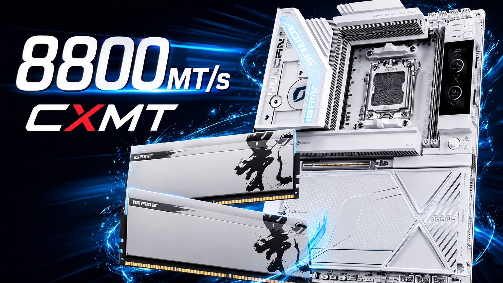 An AORUS motherboard paired with iGame RAM modules is shown with text reading '8800 MT/s' and 'CXMT'.