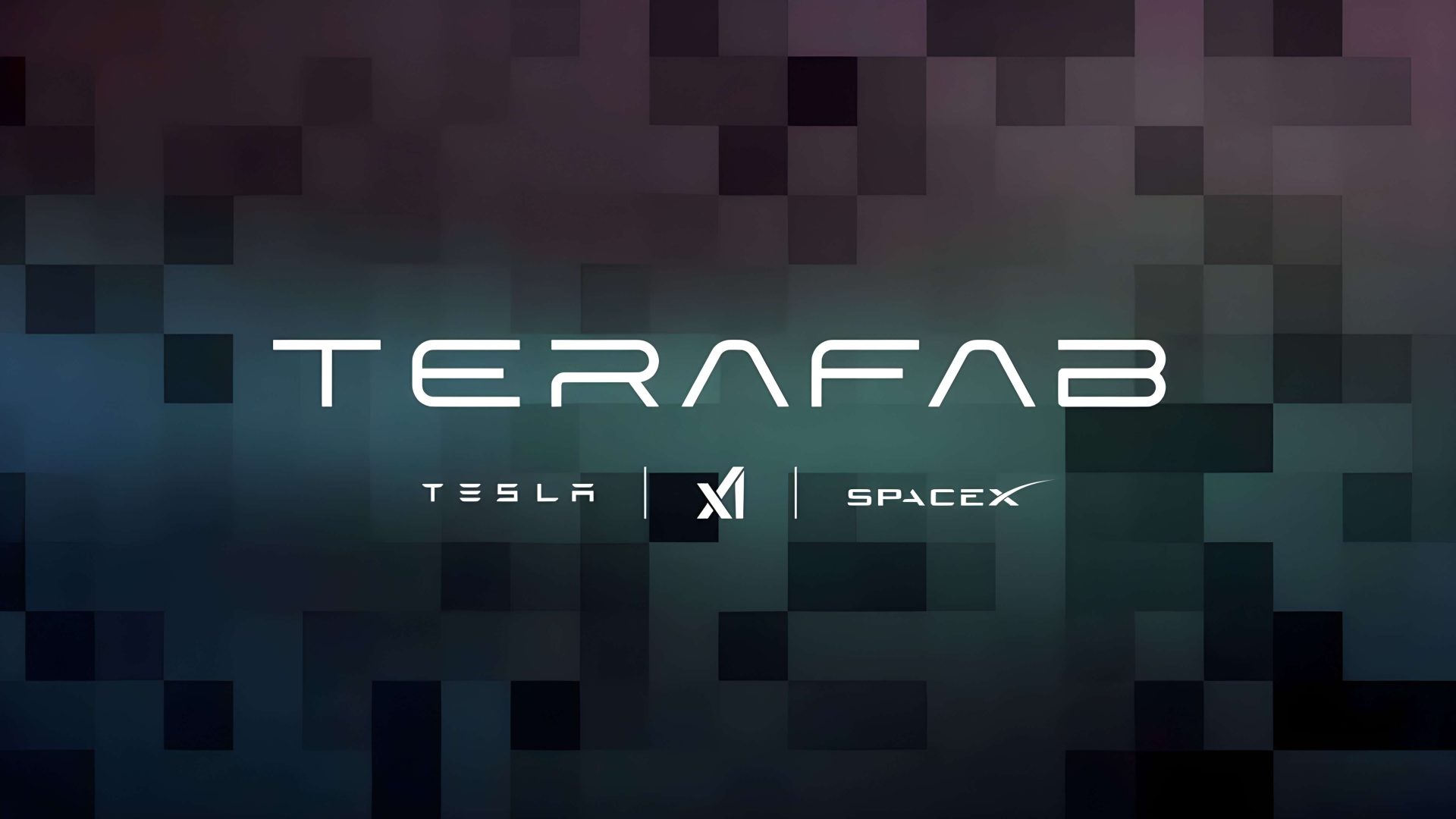 A stylized graphic displaying the text 'TERAFAB' with logos of Tesla, SpaceX, and another unidentified brand against a pixelated background.