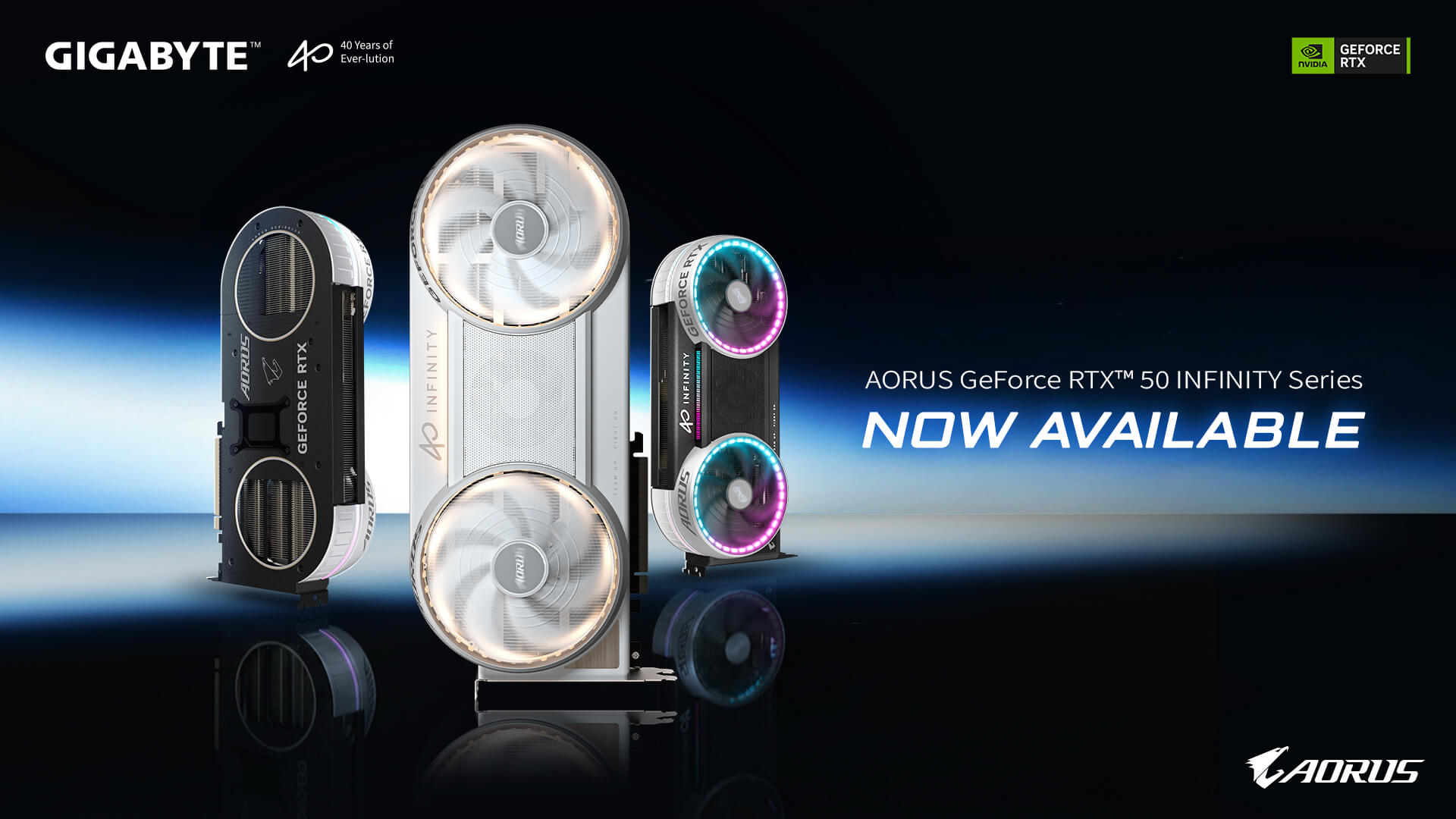 Three AORUS GeForce RTX 50 Infinity Series graphics cards from Gigabyte are displayed against a dark background with the text 'NOW AVAILABLE'.