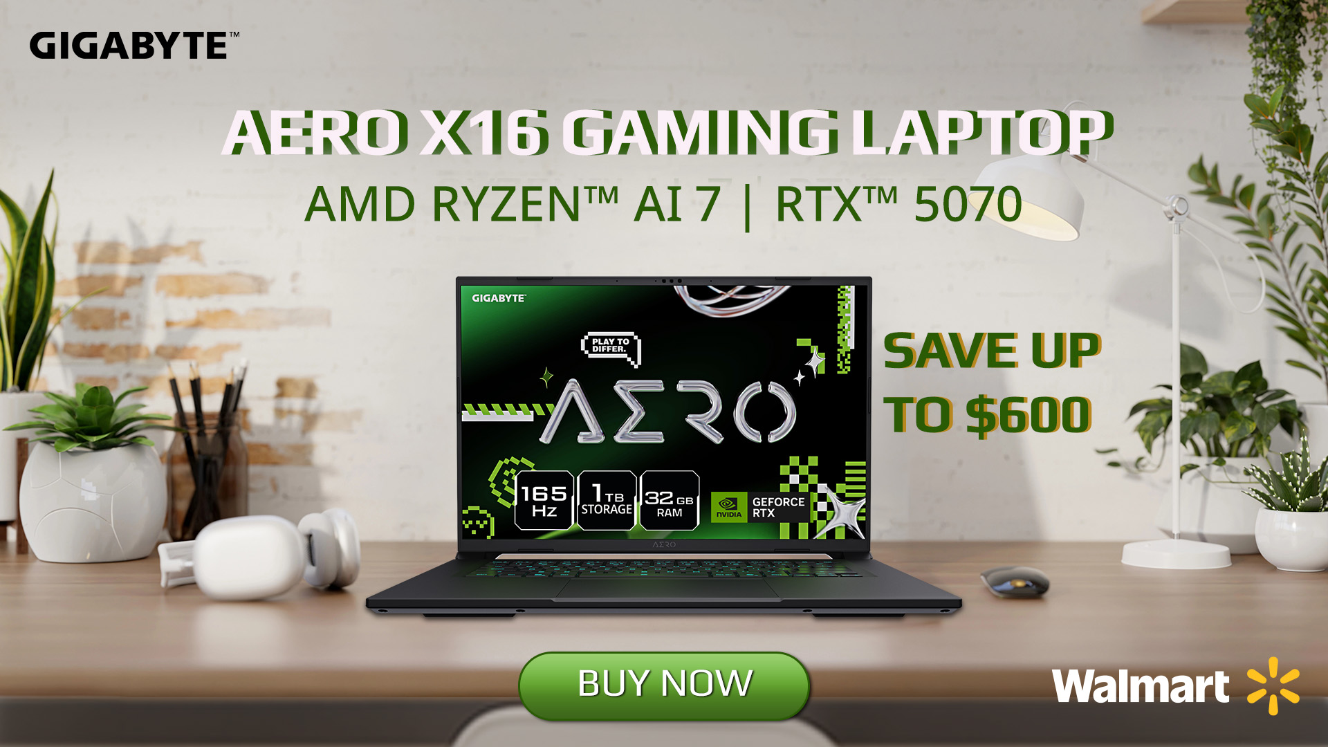 A Gigabyte AERO X16 gaming laptop is advertised with specifications including 'AMD Ryzen™ AI 7', 'RTX™ 5070', '165 Hz', '1 TB storage', '32 GB RAM', and features a message to 'Save up to $600'.