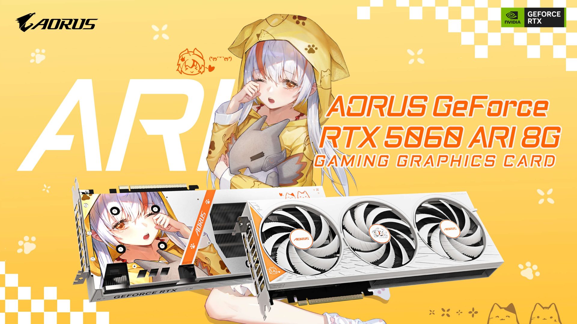 The image showcases an AORUS GeForce RTX 5060 ARI 8G gaming graphics card featuring an anime character design, with the AORUS logo and orange accents.