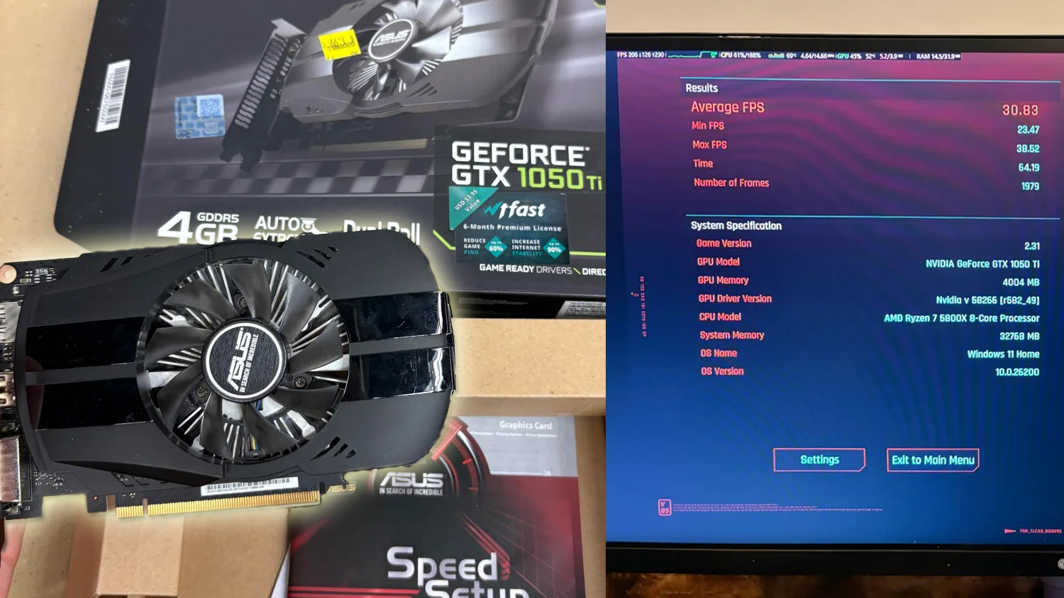 An ASUS GeForce GTX 1050 Ti graphics card is shown with packaging details, next to a screen displaying benchmark results with an 'Average FPS' of 30.83 and system specifications including an AMD Ryzen 7 5800X processor and Windows 11 Home.