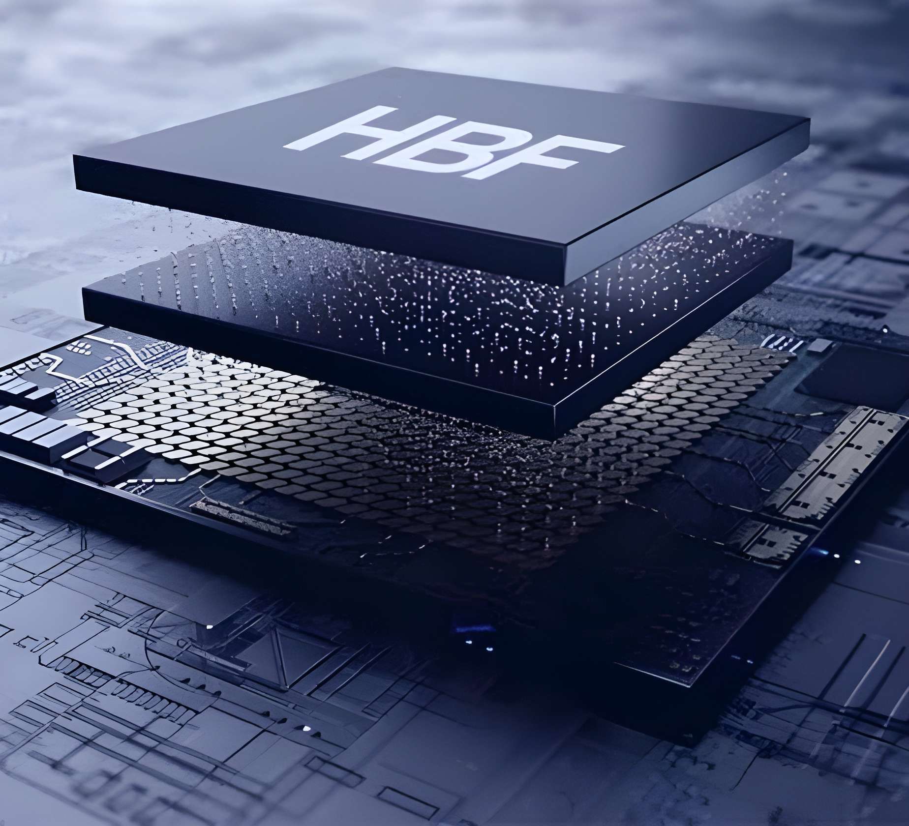 A digital illustration showing a layered processor design labeled 'HBF' with particle-like effects connecting the layers.