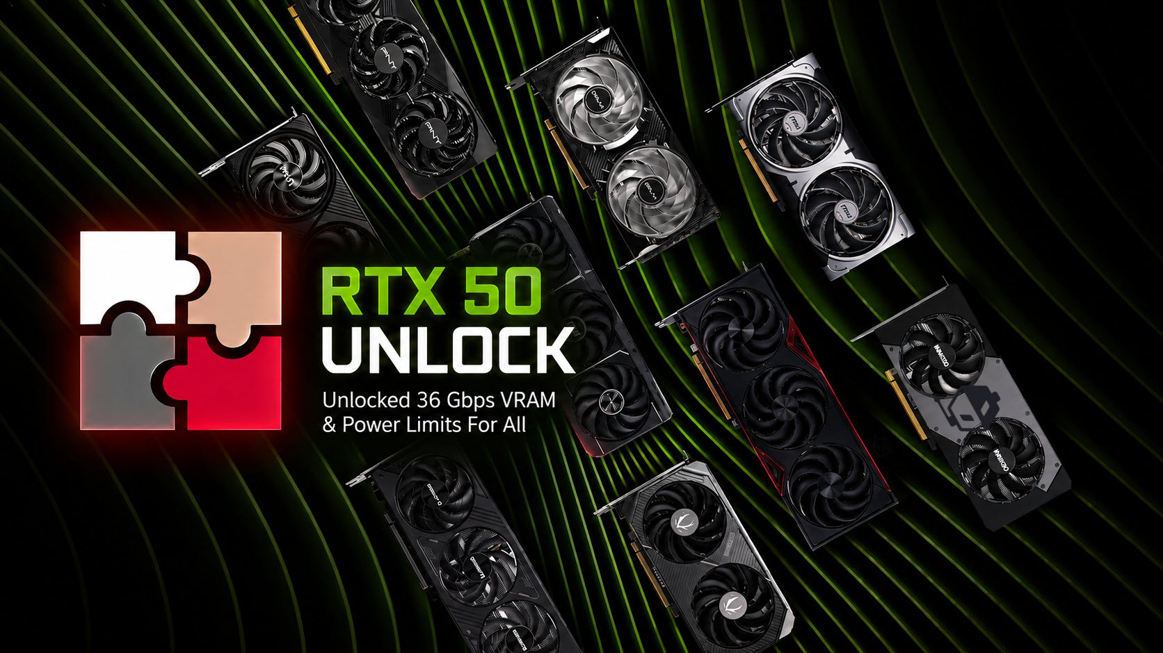 A collection of NVIDIA graphics cards is displayed with the text 'RTX 50 UNLOCK' and 'Unlocked 36 Gbps VRAM & Power Limits For All'.