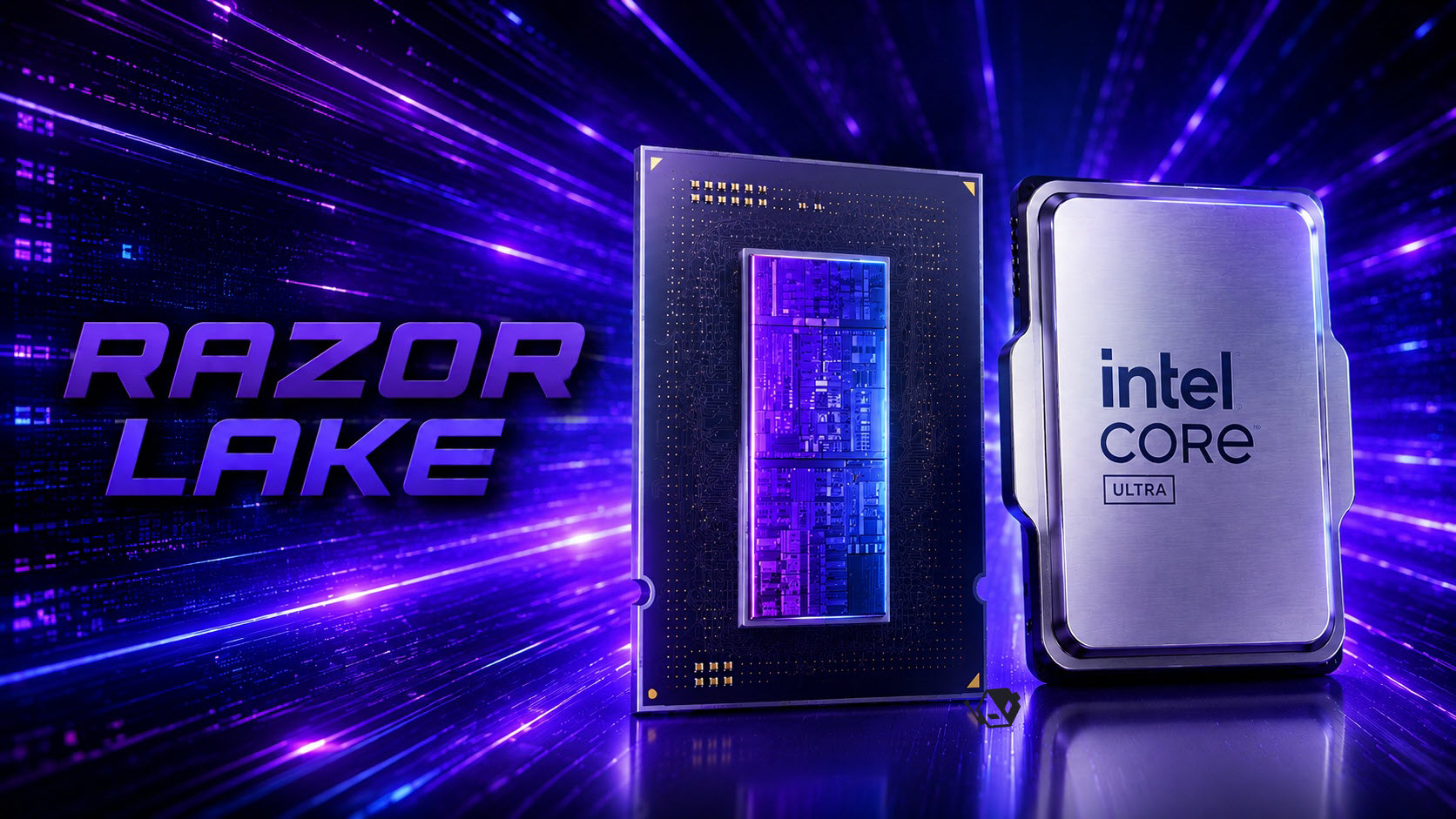 An Intel Core Ultra chip is displayed with a digital depiction of its internal architecture, and the text 'RAZOR LAKE' is prominently featured.