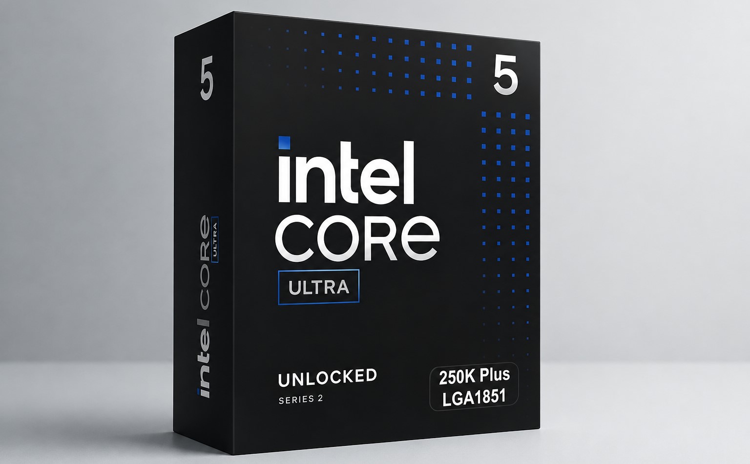 A box for the Intel Core Ultra, Series 2, marked '250K Plus LGA1851,' is displayed with a bold '5' and 'UNLOCKED'.