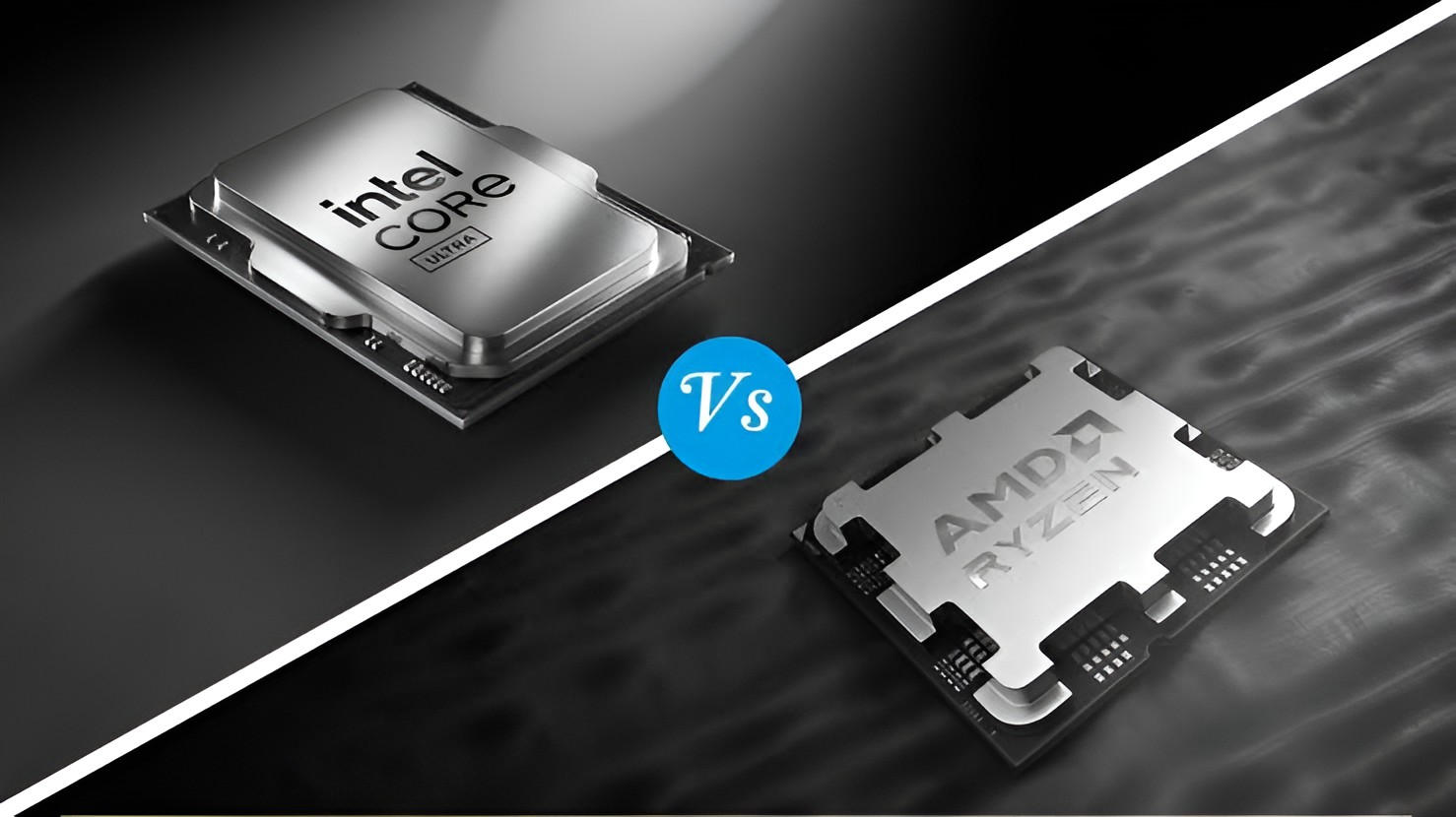 An Intel Core Ultra processor is positioned opposite an AMD Ryzen processor with a central 'Vs' logo.
