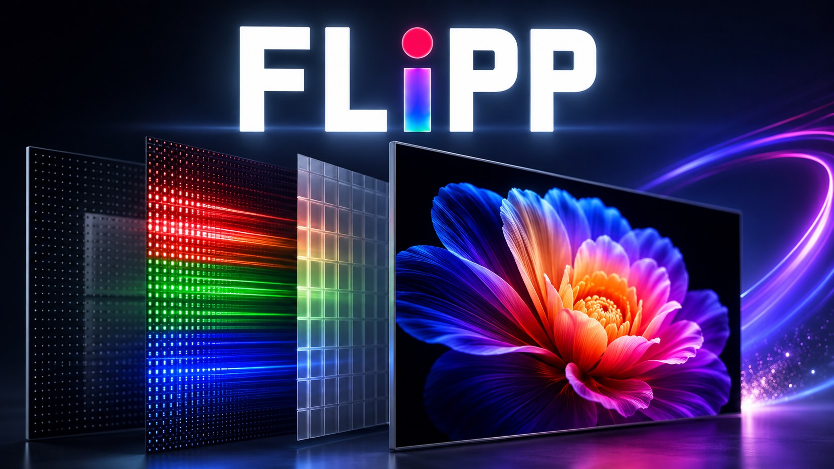 The image shows several layers of a display panel with vibrant colors, alongside the word 'FLiPP' at the top.