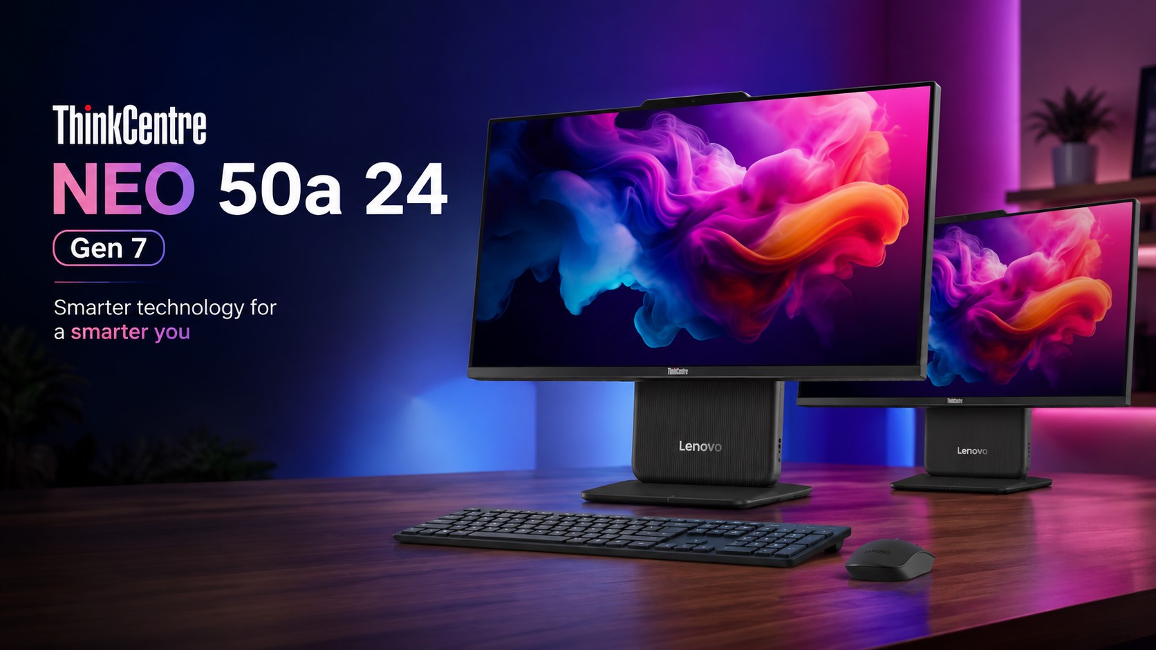 Lenovo ThinkCentre NEO 50a 24 Gen 7 desktop setup with dual monitors displaying colorful abstract graphics, accompanied by a keyboard and mouse on a wooden desk.