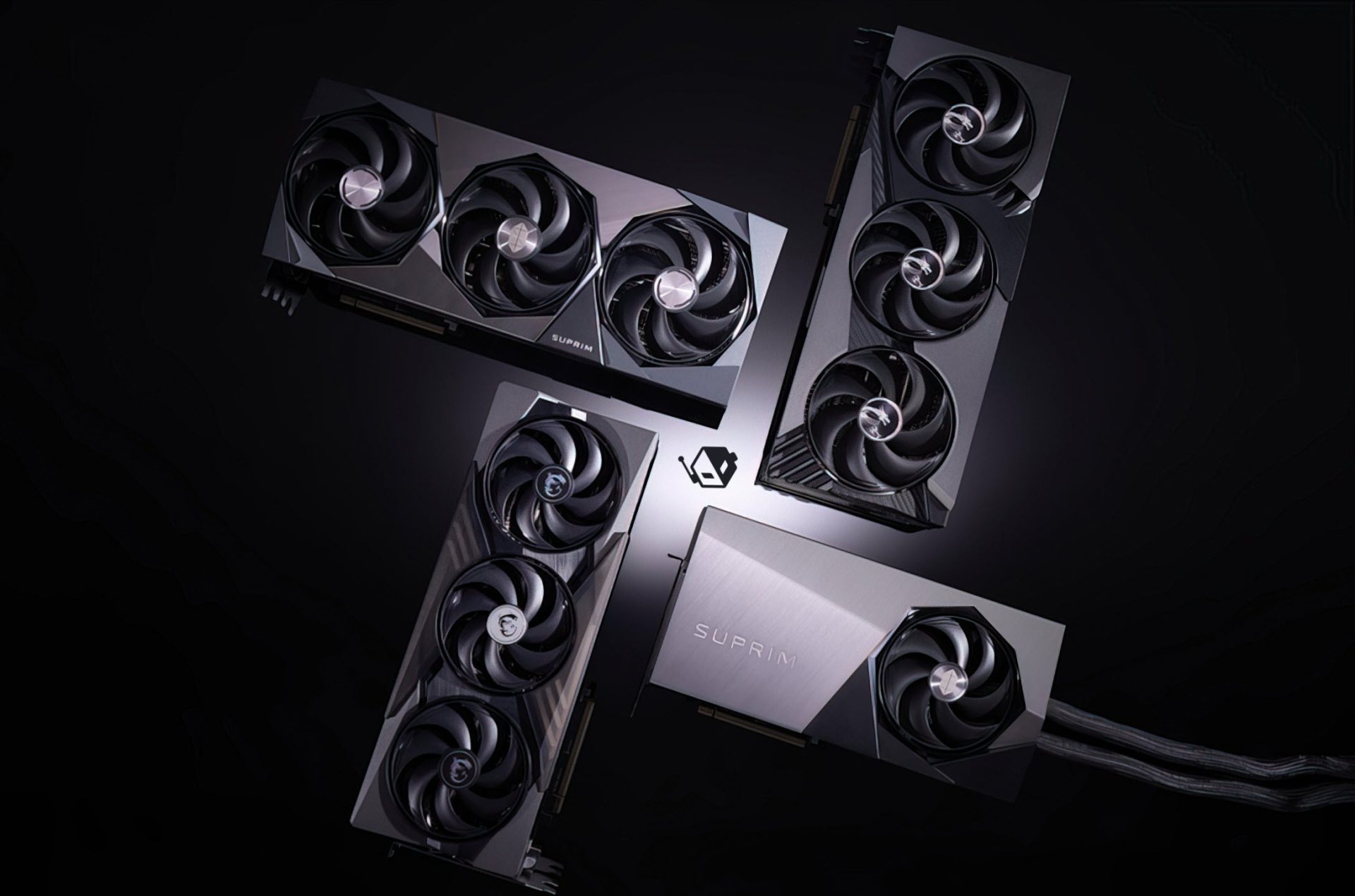 Four MSI SUPRIM graphics cards with triple-fan designs are arranged in a cross pattern on a dark background.
