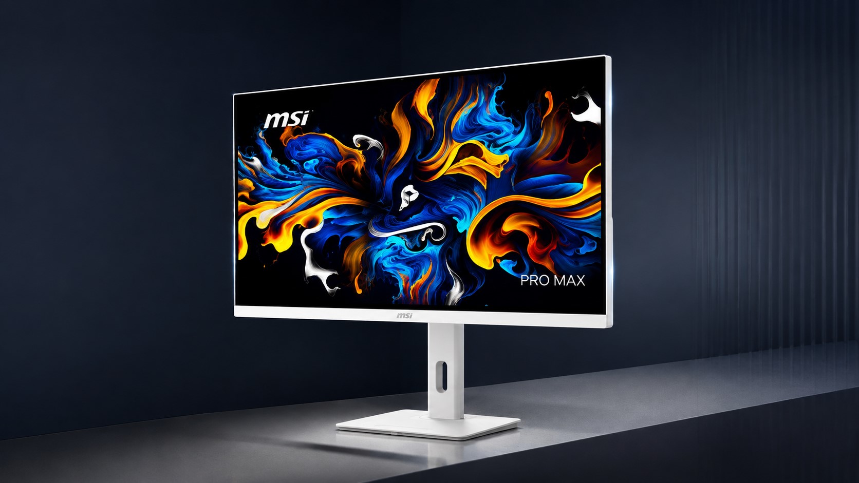 An MSI PRO MAX monitor with a vibrant swirling abstract background is displayed on a sleek white stand against a dark backdrop.
