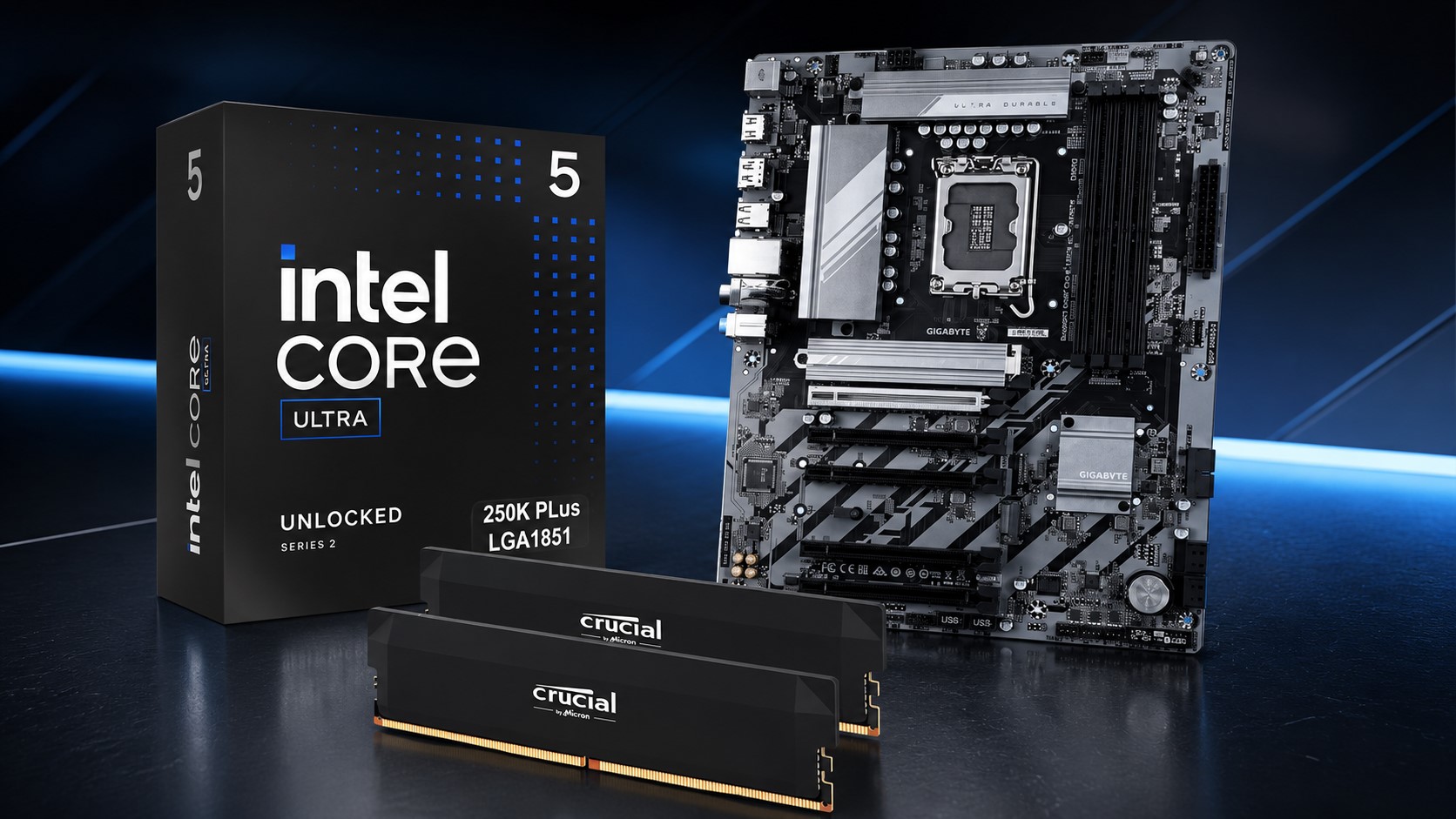 A Gigabyte motherboard is displayed alongside Intel Core Ultra 5 250K Plus LGA1851 packaging and a pair of Crucial memory modules.