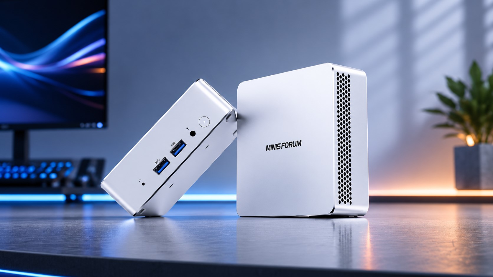 A Minisforum mini PC is displayed on a desk, highlighting its compact design and front ports, with a monitor in the background.