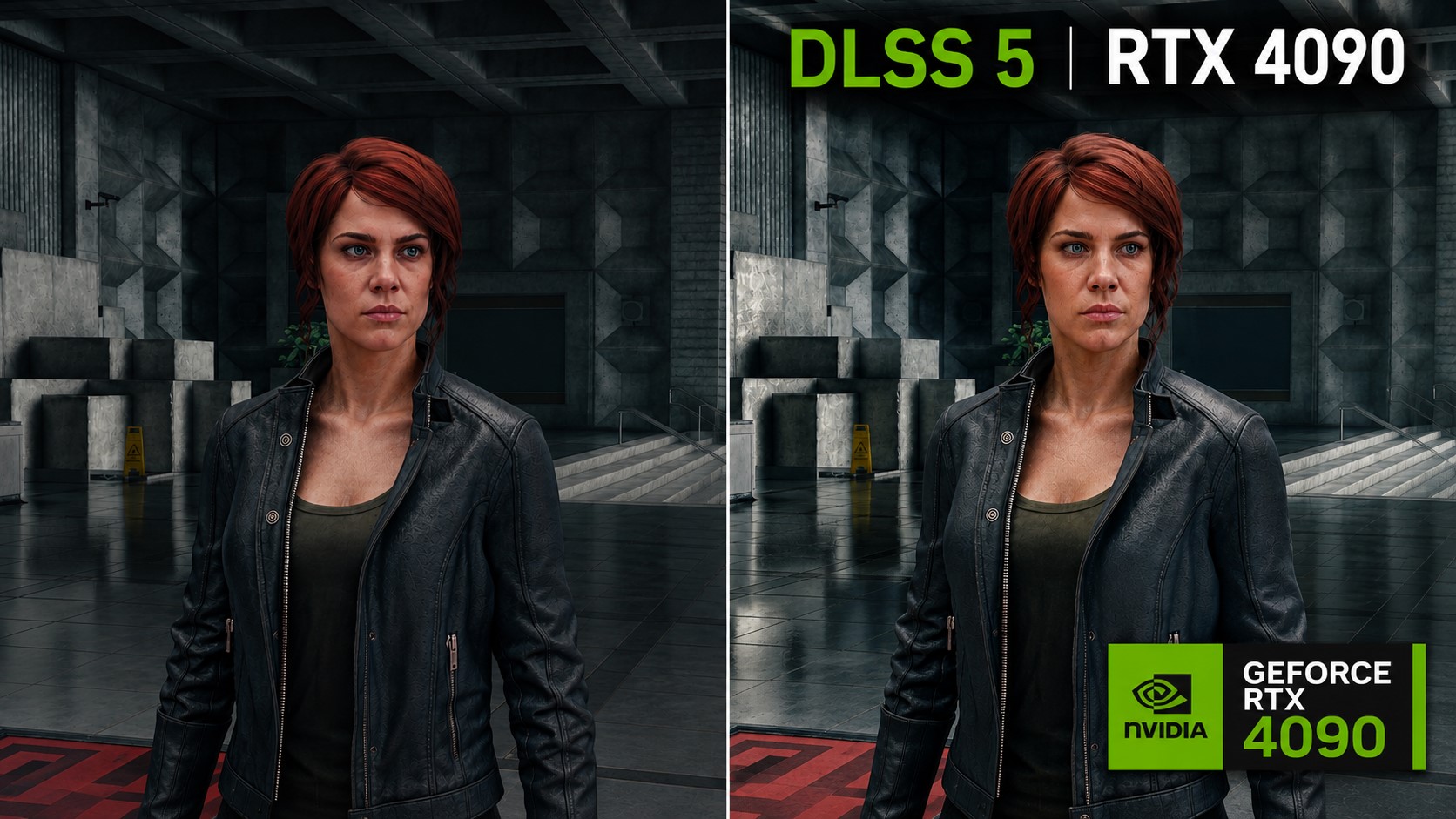 A side-by-side comparison shows a character from the game Control with and without 'DLSS 5' enabled, featuring the NVIDIA GeForce RTX 4090 logo.