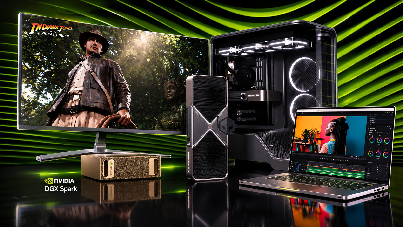 A setup featuring an NVIDIA GeForce RTX graphics card next to a monitor displaying 'Indiana Jones and the Great Circle,' alongside an NVIDIA DGX Spark device and a laptop with video editing software.