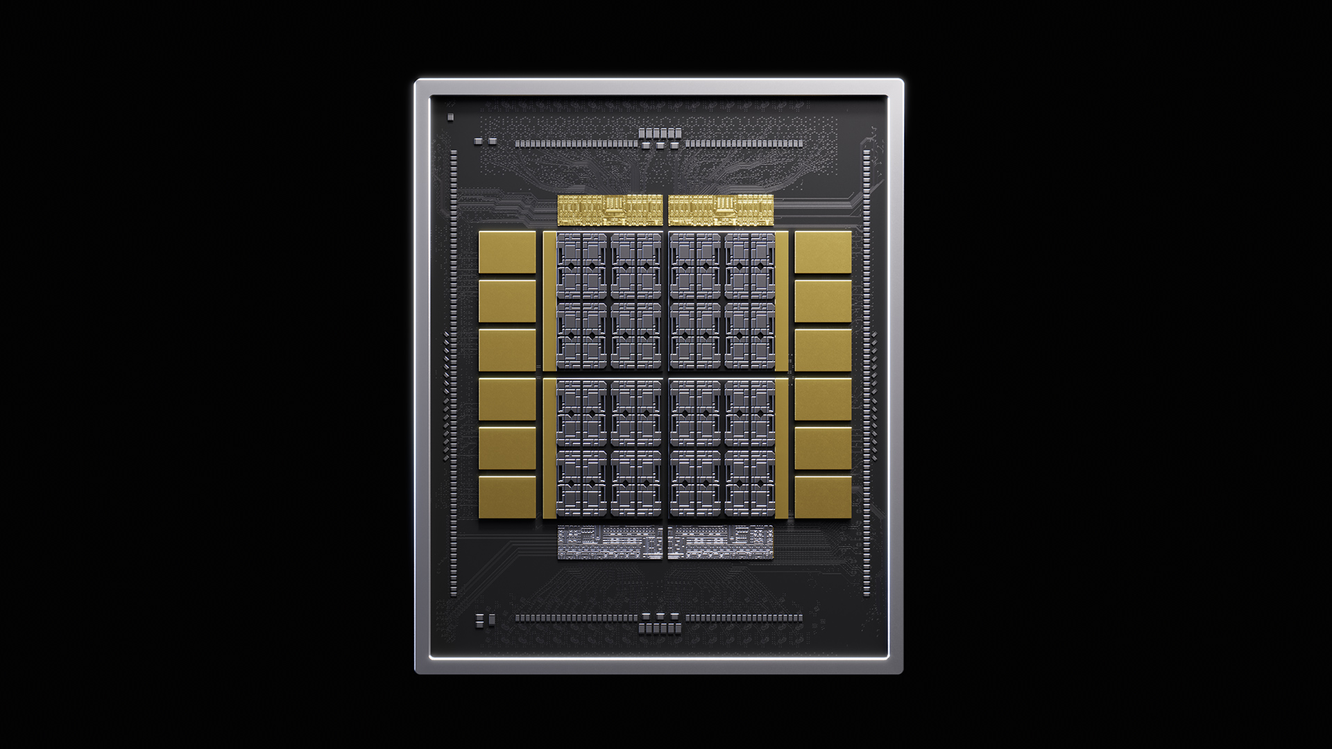 A detailed view of the NVIDIA H100 Tensor Core GPU chip featuring a grid of gold and silver components.