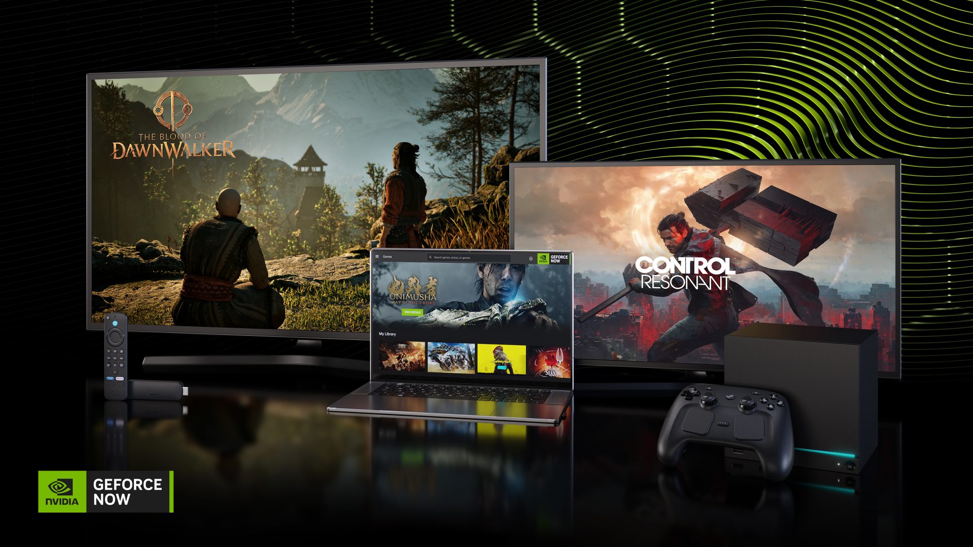 A variety of gaming devices are displayed, showing 'The Blood of Dawnwalker' and 'Control Resonant' on monitors, with an NVIDIA GeForce Now logo and a laptop screen featuring 'Onimusha Warlords HD Remaster'.