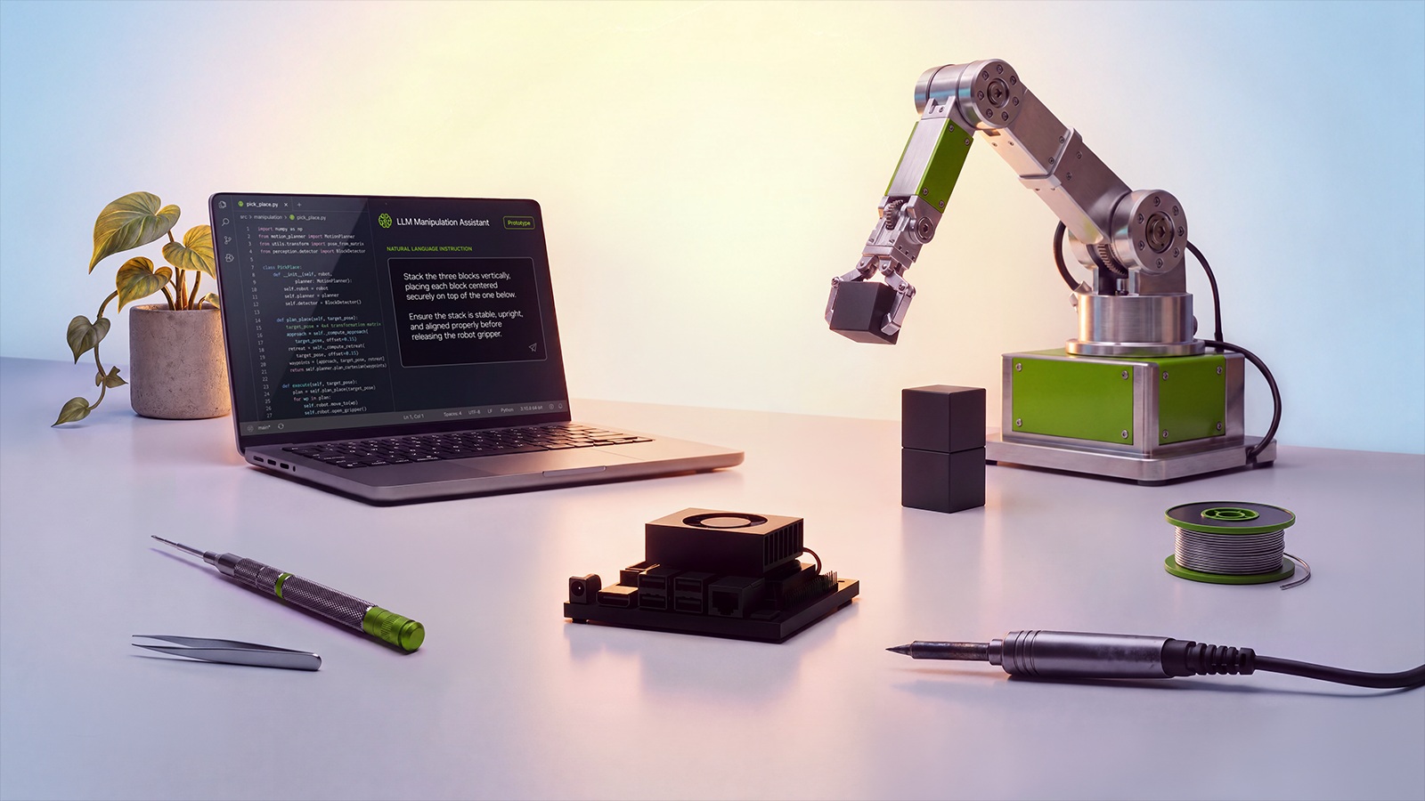 A robotic arm above three stacked cubes is operated by a laptop displaying 'LLM Manipulation Assistant' software, surrounded by a soldering kit, tweezers, and a small computing device on a desk.