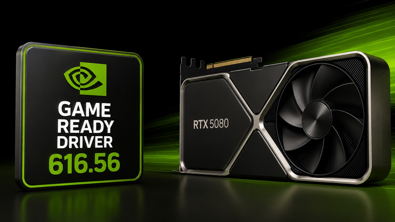 An NVIDIA RTX 5080 graphics card is displayed next to a sign reading 'Game Ready Driver 616.56'.