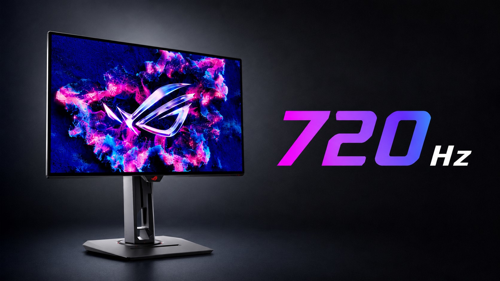 An ASUS ROG gaming monitor with '720 Hz' displayed in large text on a dark background.