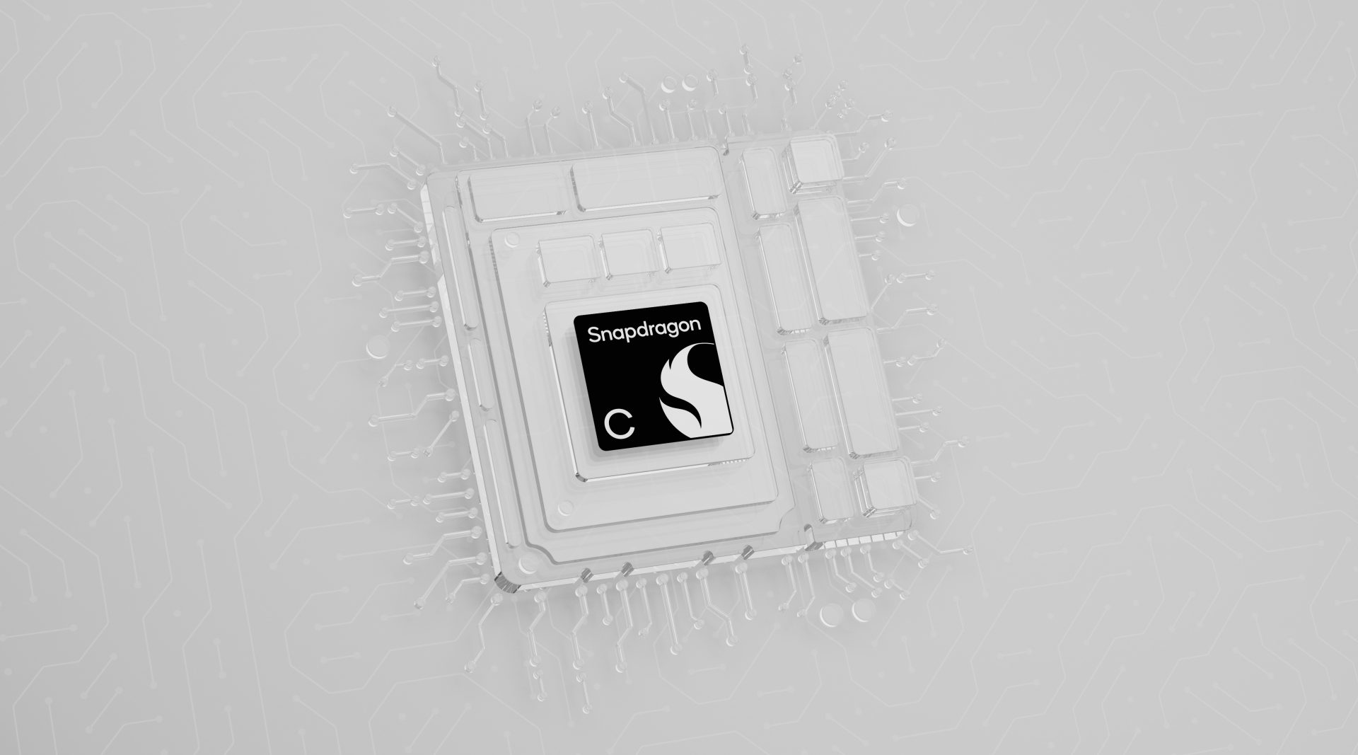 A processor chip featuring a 'Snapdragon C' logo is displayed on a circuit-themed background.