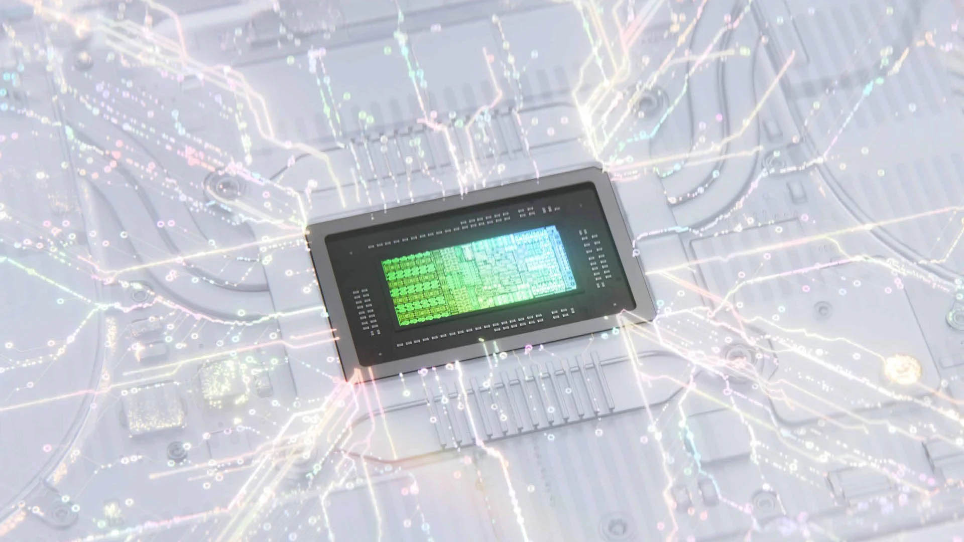 An NVIDIA graphics chip with intricate circuitry and digital effects surrounding it.