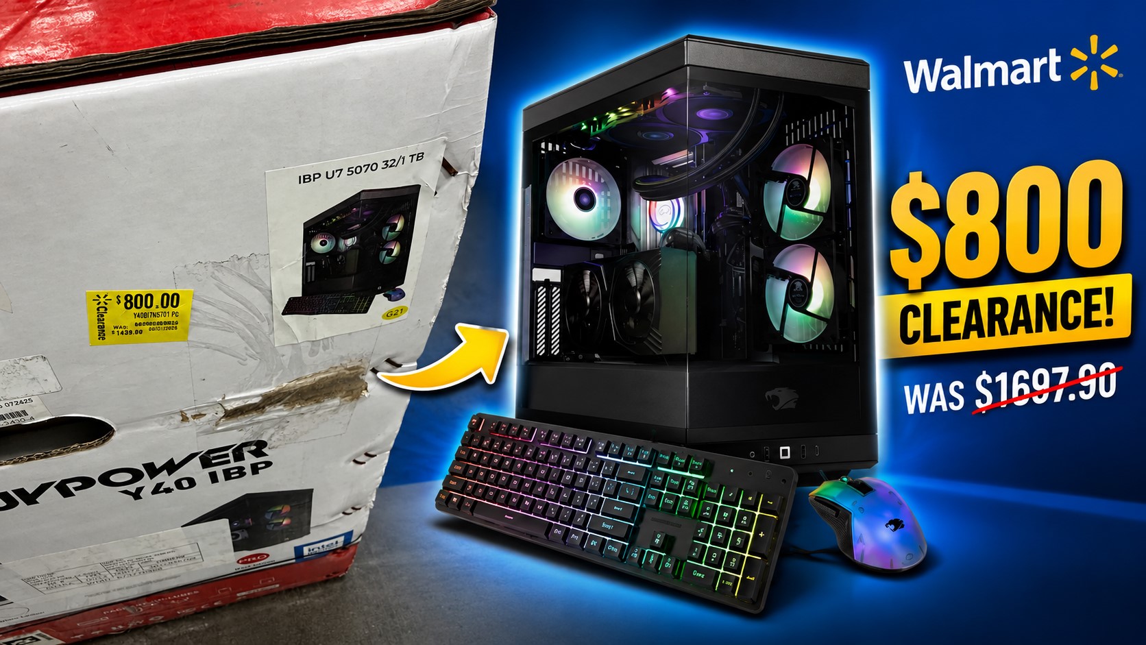 A Walmart clearance ad features an iBUYPOWER gaming PC, model Y40 IBP, priced at '$800.00' reduced from '$1697.90', showing the setup with RGB fans, mouse, and keyboard.