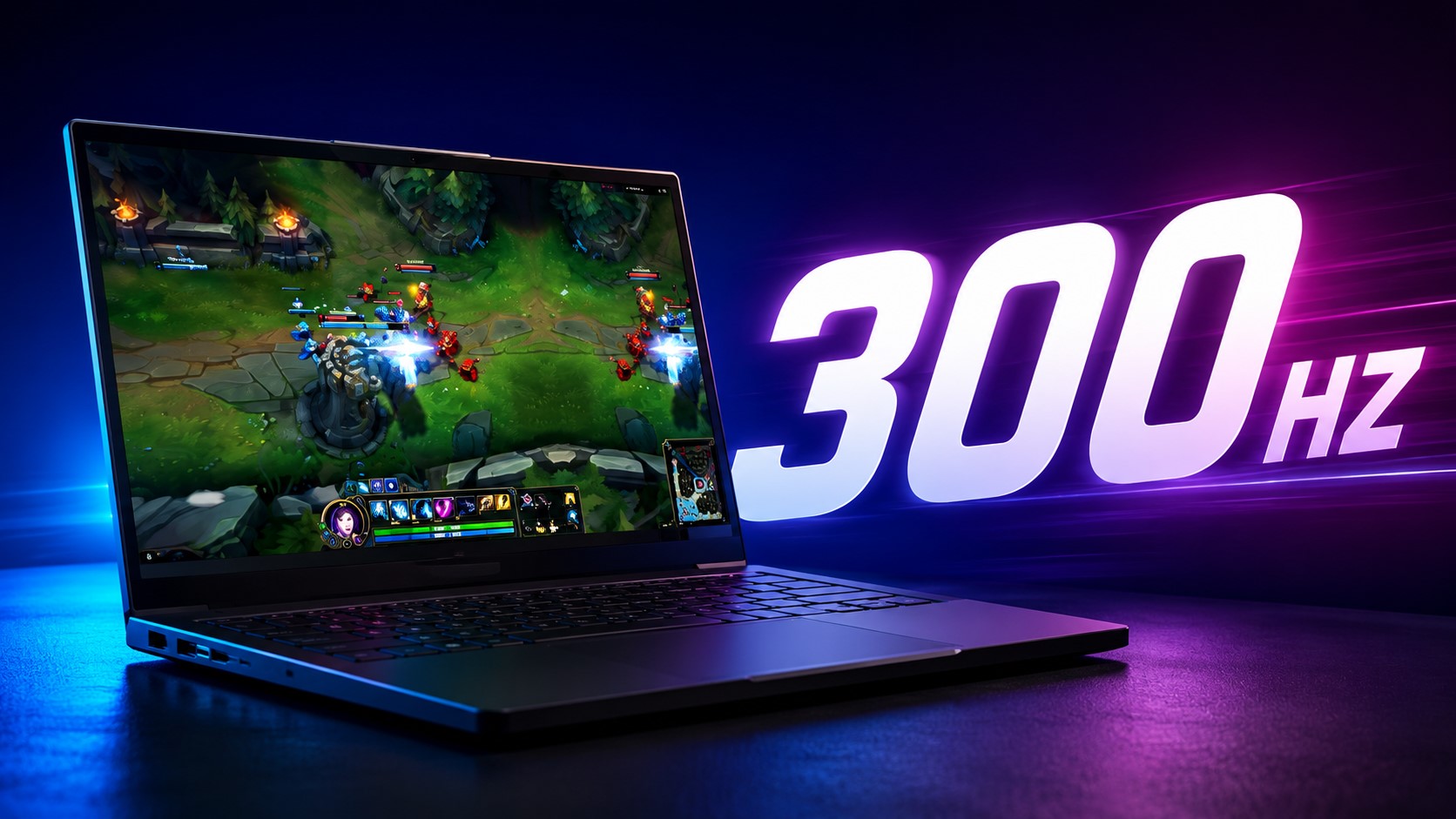 A gaming laptop displaying a battle scene from an unbranded game with large text reading '300 Hz' in the background.
