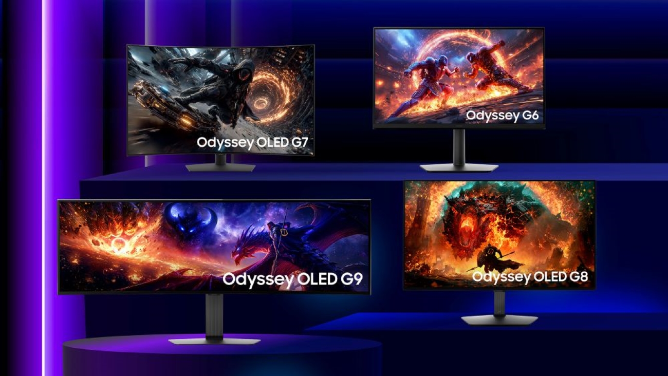 Four Samsung monitors are displayed showcasing 'Odyssey OLED G7', 'Odyssey G6', 'Odyssey OLED G9', and 'Odyssey OLED G8', each with vibrant gaming imagery.