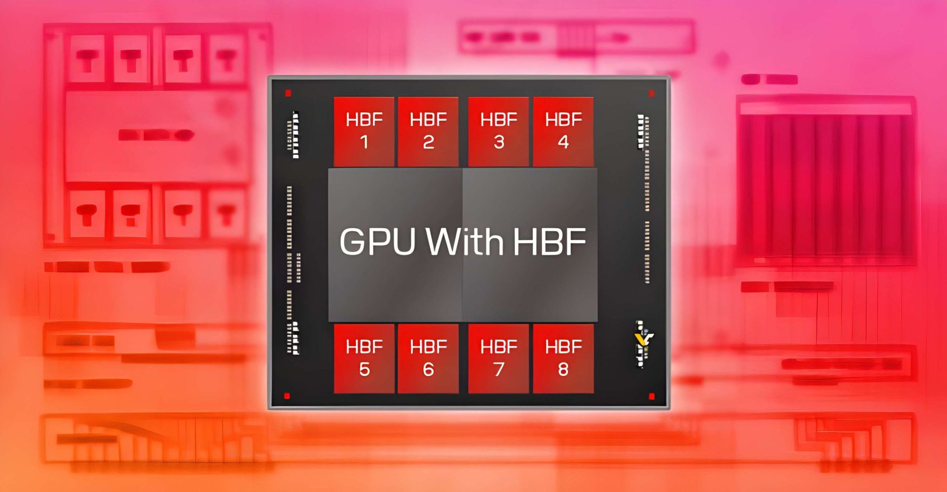A diagram of a GPU structure labeled 'GPU With HBF,' showing sections HBF 1 to HBF 8.