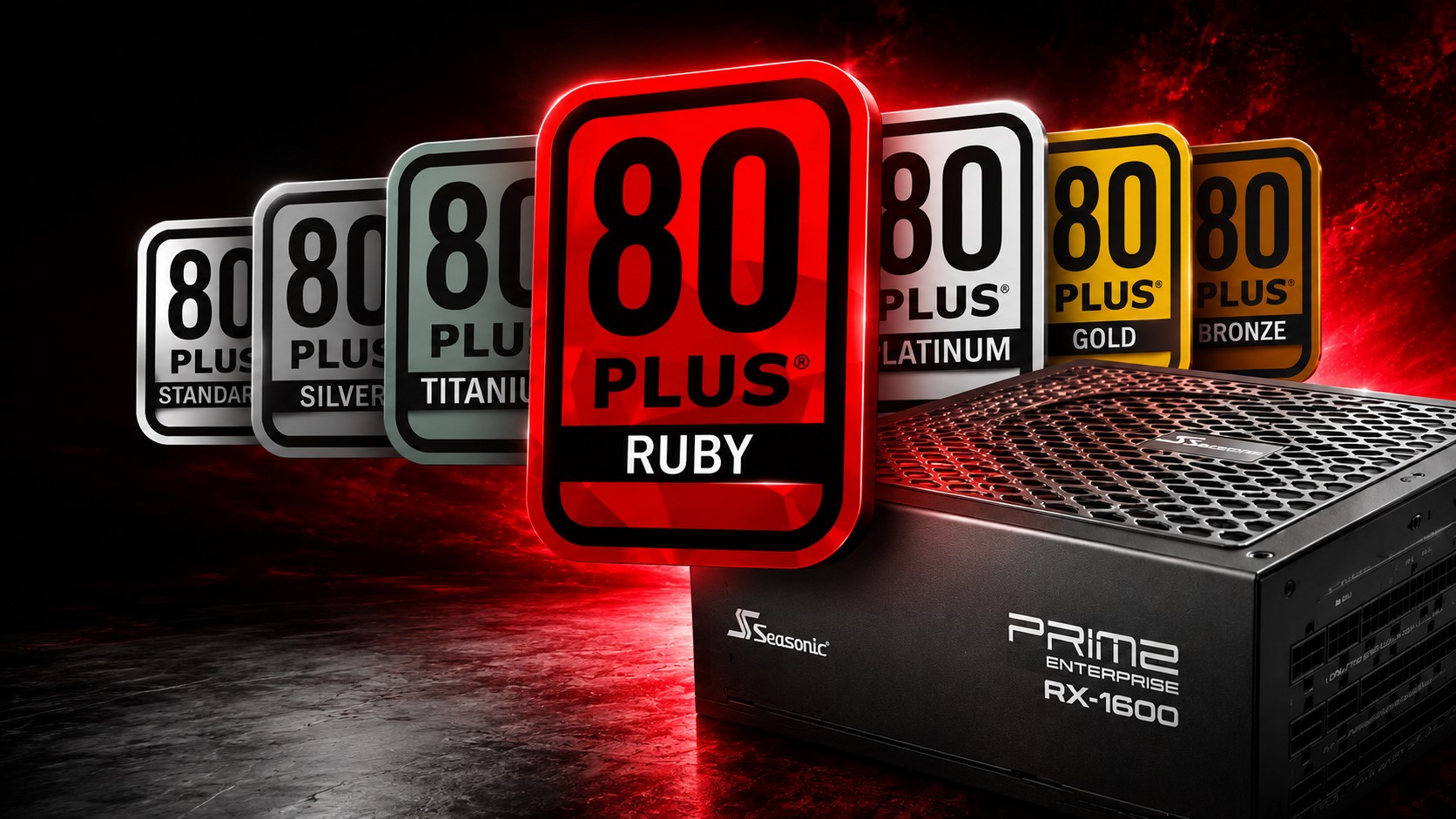 A Seasonic Prime Enterprise RX-1600 power supply is shown alongside various '80 Plus' certification labels including 'Ruby,' 'Platinum,' 'Gold,' and 'Bronze.'