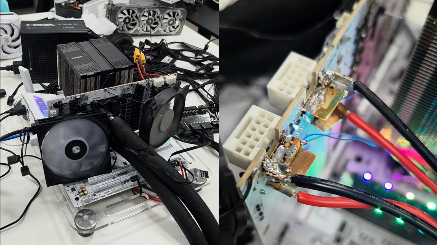A custom PC setup with liquid cooling features an AORUS motherboard and a Hachi power supply unit, highlighted by close-up wiring connections.