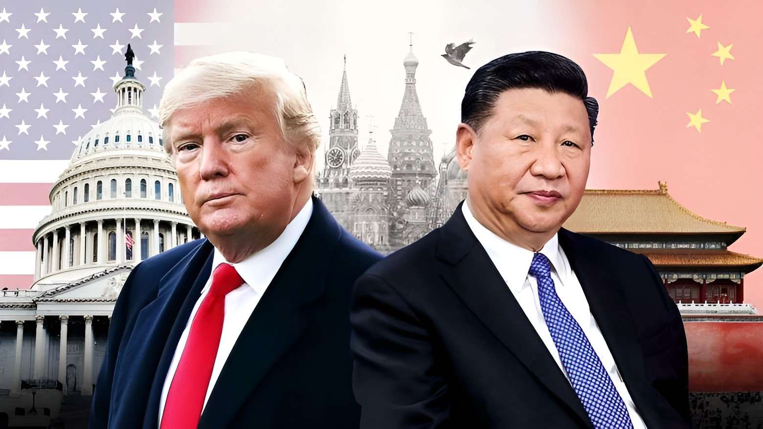 A split image with one side showing a person in front of the U.S. Capitol and the American flag, and the other side showing another person in front of the Chinese Forbidden City and the Chinese flag.