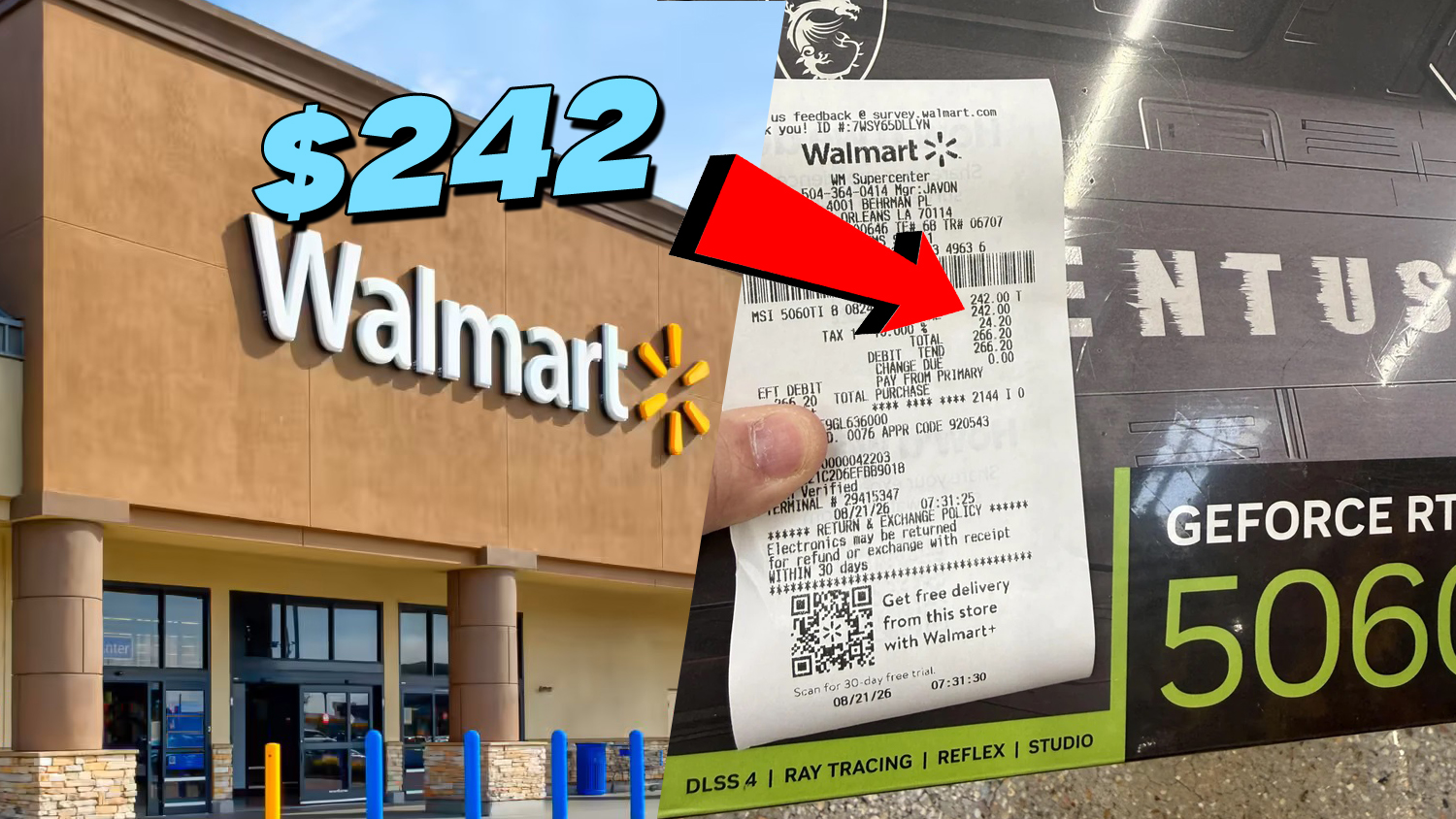 A Walmart receipt showing the purchase of an MSI GeForce RTX 5060 graphics card for $242 is held in front of the store.