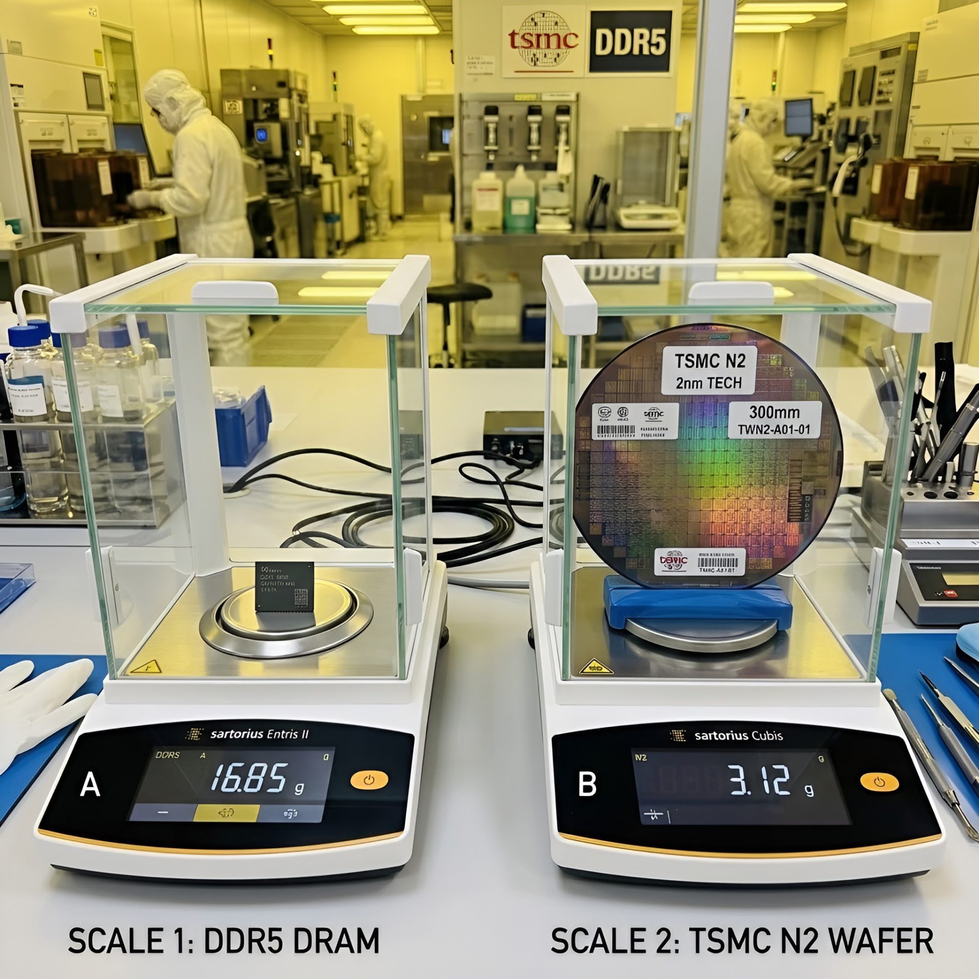 In a cleanroom, TSMC's 2nm tech 300mm wafer labeled 'TWN2-A01-01' weighs 3.12g on a Sartorius Cubis scale, while a DDR5 DRAM weighs 168.5g on a Sartorius Entris II scale.
