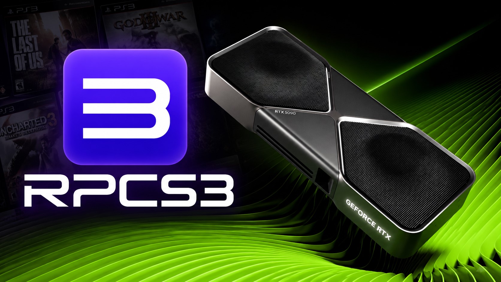 An image showing the GeForce RTX 5090 graphics card next to the 'RPCS3' logo, with PlayStation 3 game covers in the background including 'The Last of Us,' 'God of War III,' and 'Uncharted 3.'