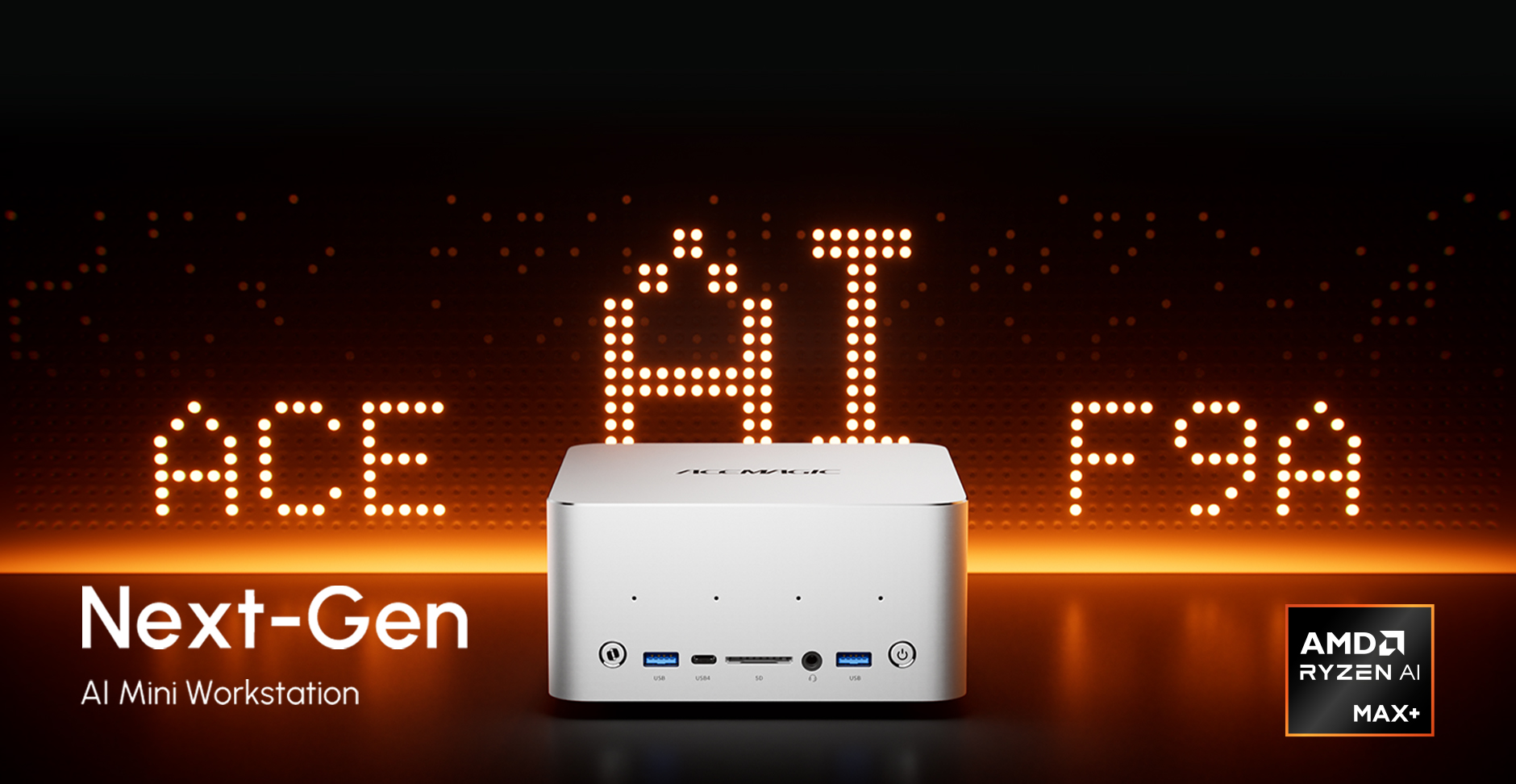 An ACE Magician F9A AI mini workstation with 'Next-Gen AI Mini Workstation' and 'AMD Ryzen AI MAX+' displayed prominently.