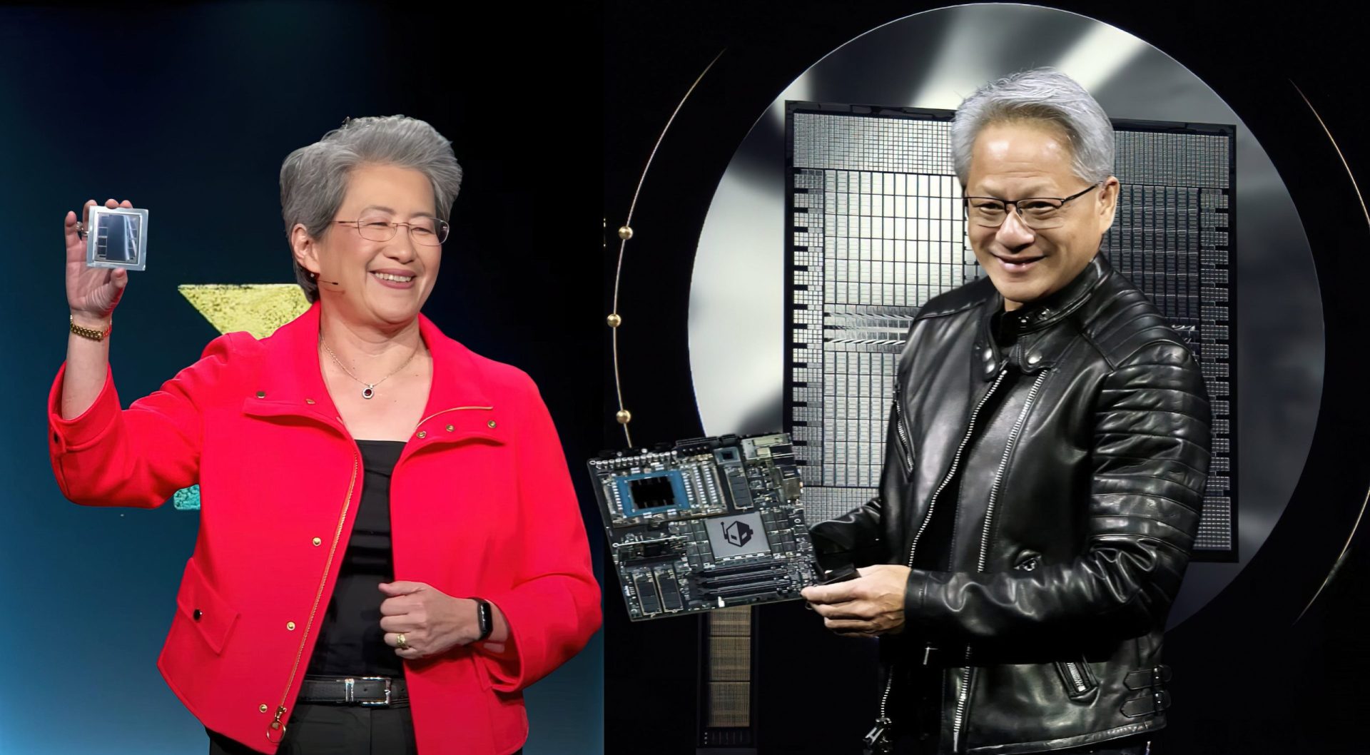 A person in a red jacket holding a chip on stage and another person in a black leather jacket holding a motherboard with a visible logo.