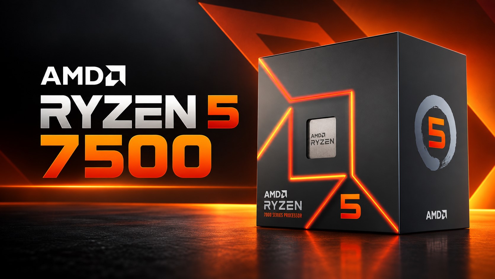 The image shows an AMD Ryzen 5 7500 processor package with the text 'AMD Ryzen 5 7500' prominently displayed beside it.