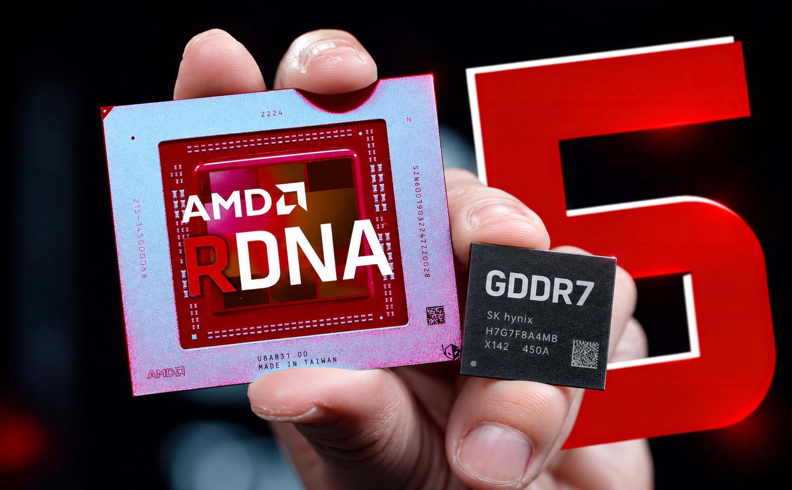A hand holding an AMD RDNA chip and an SK hynix GDDR7 chip against a background with the number 5.