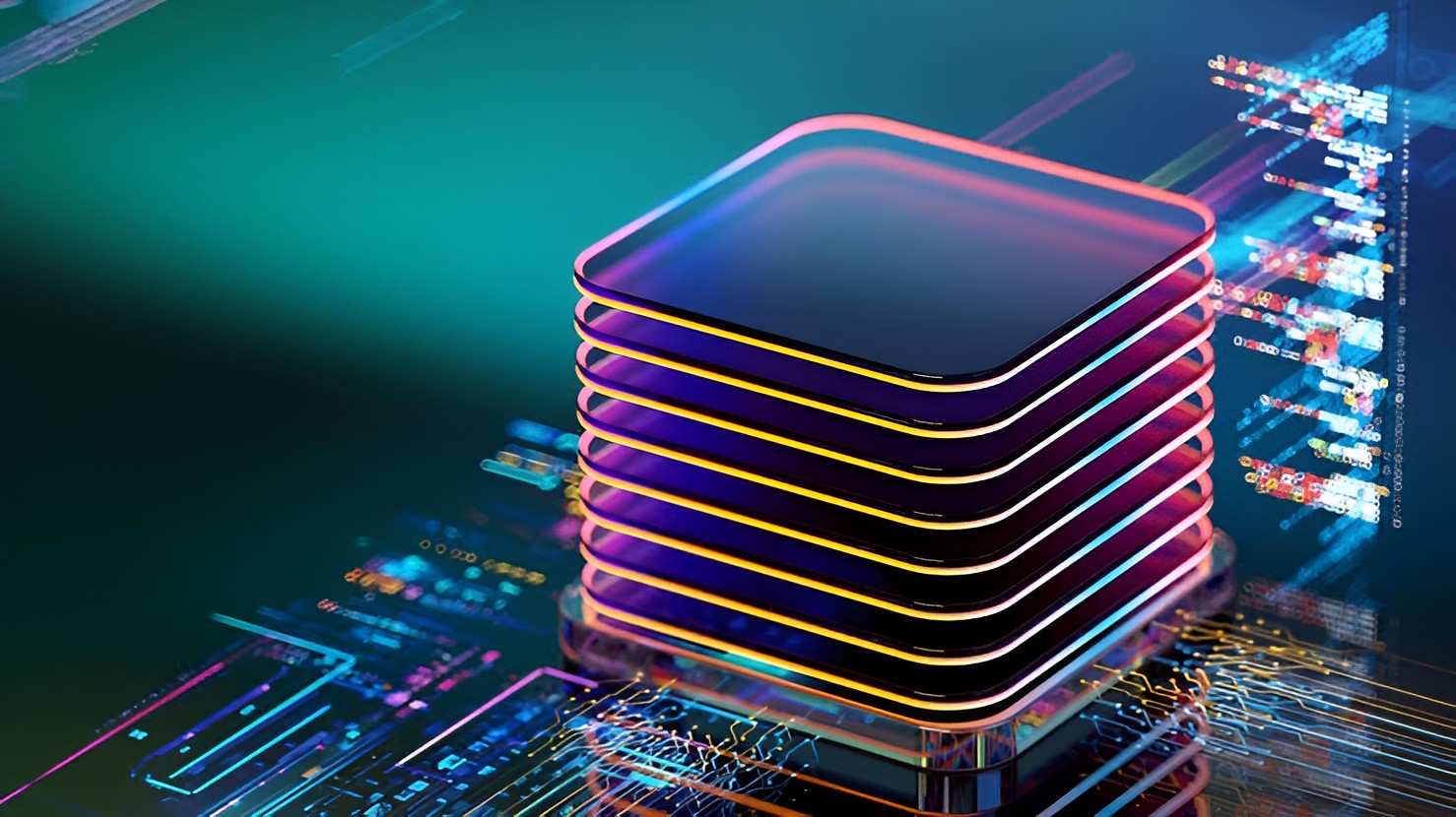 A digital illustration of a stacked, neon-lit processor concept on a futuristic circuit board.