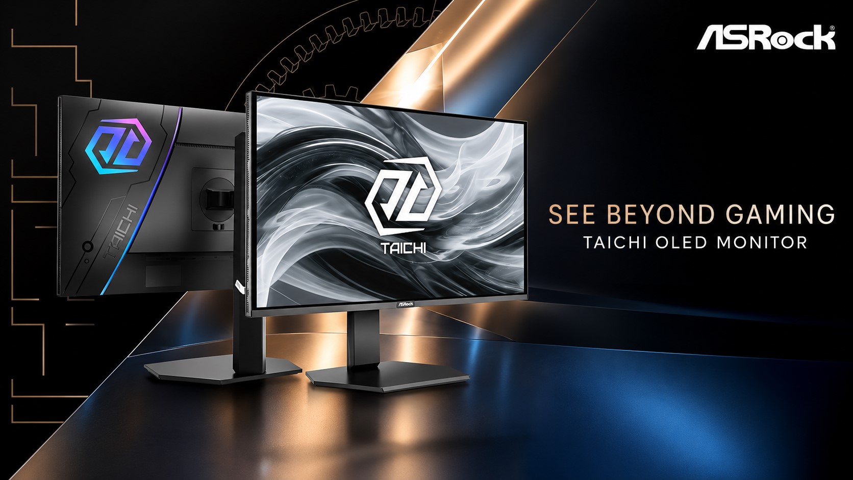 ASRock Taichi OLED Monitor displayed with branding and 'SEE BEYOND GAMING' text.