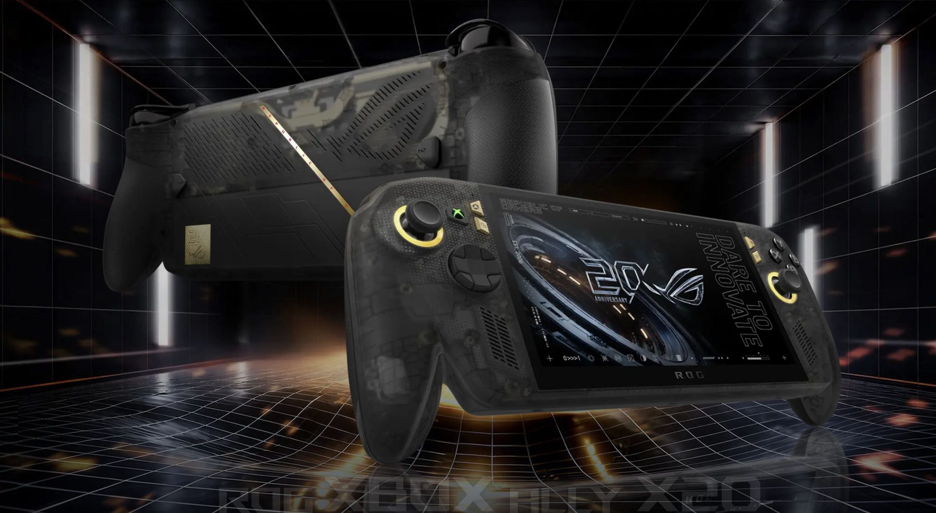 An ASUS ROG handheld gaming device is displayed with '20th Anniversary' on its screen and 'Dare to Innovate' inscribed on the side.