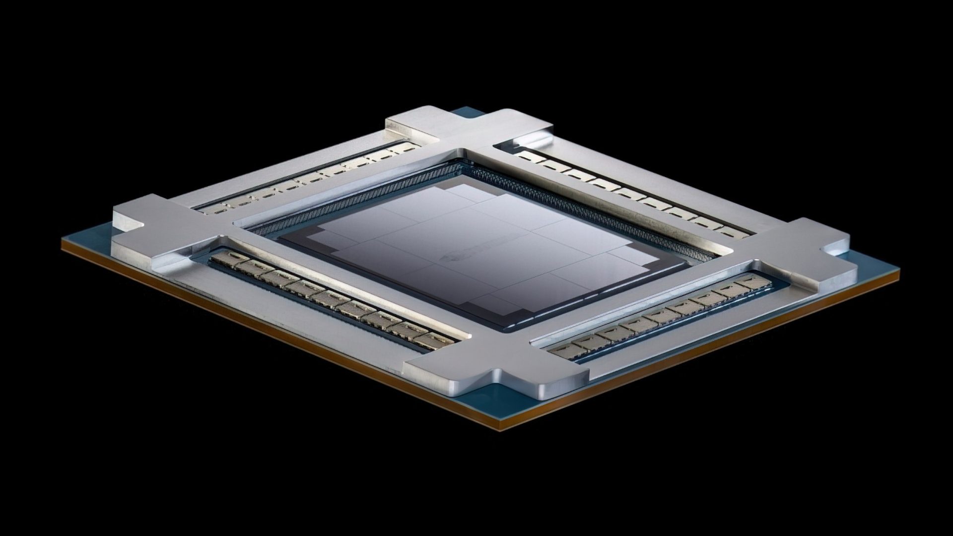 Close-up of an unidentified semiconductor chip with a metallic frame and intricate circuitry on a dark background.