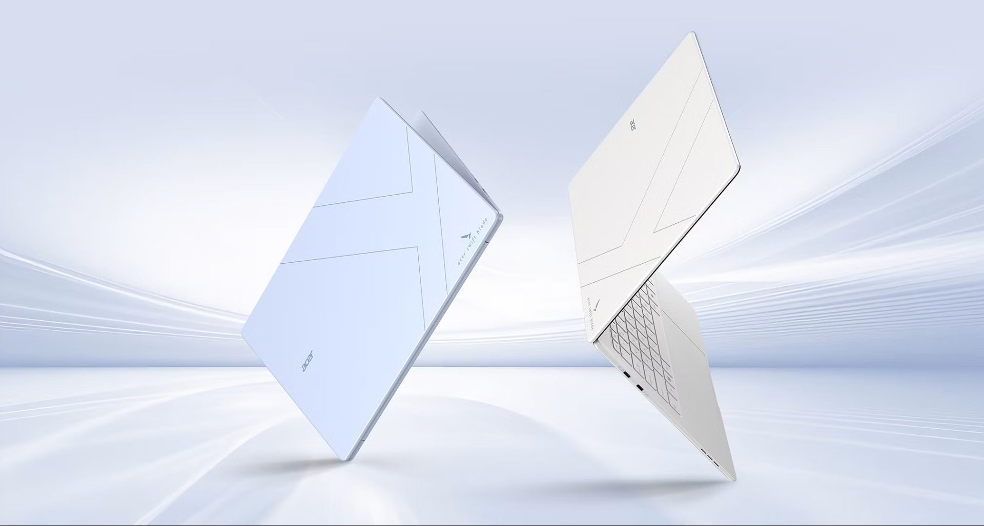Two Acer Swift Edge laptops are displayed in blue and white, with the logos and design prominently visible on a light background.